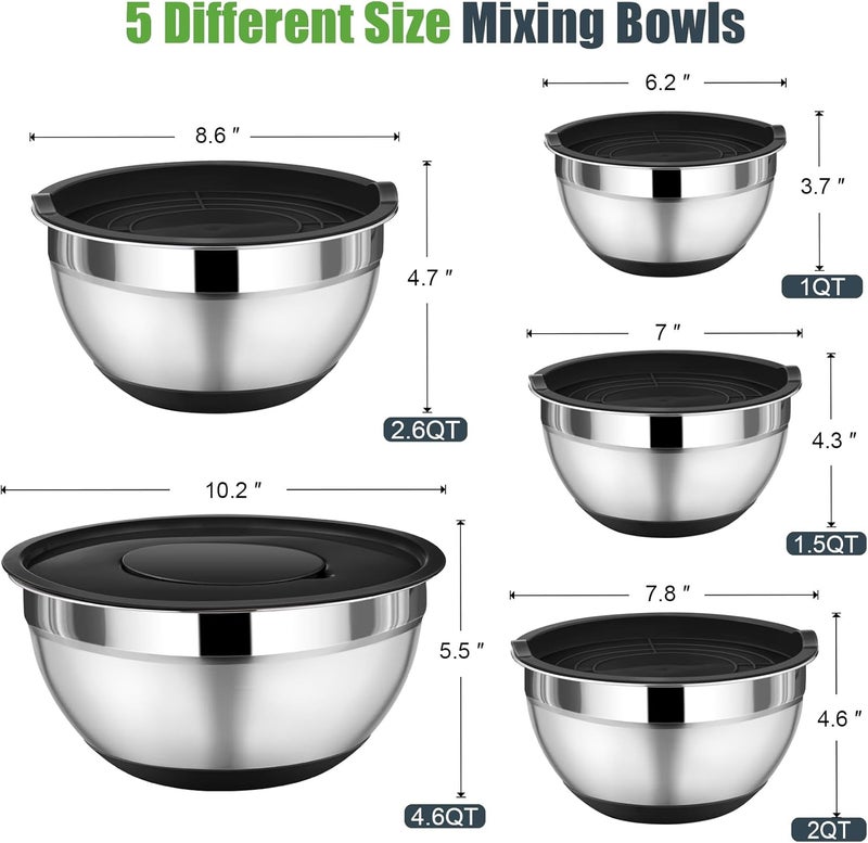 P&P CHEF Mixing Bowl with Lid Set, 5 Piece Stainless Steel Mixing Nesting Bowls for Salad Storage, 3 Grater Attachments & Non-Slip Bottoms, Size 1/1.5/2 / 2.6/4.6 QT, Black - Image 3